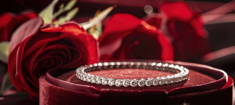 Diamond bracelet elegantly displayed in a velvet box surrounded by red roses and soft lighting, evoking a sense of luxury and romance, perfect for valentine's day gift inspirations and passionate moments.