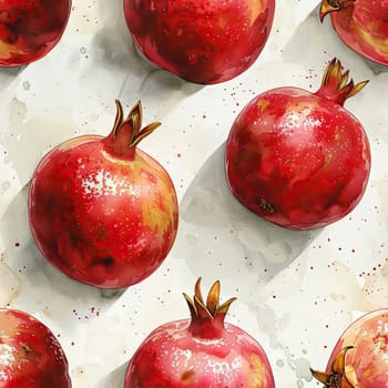 Bright red pomegranates with golden accents are displayed in a repeating pattern on a soft, textured surface.