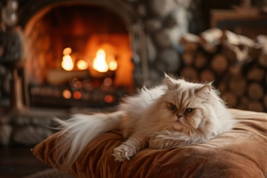 A long-haired persian cat relaxes on a plush velvet cushion by a glowing stone fireplace in a cozy cabin. the setting's warm lighting and luxurious ambiance are ideal for winter-themed designs and seasonal decor inspiration.