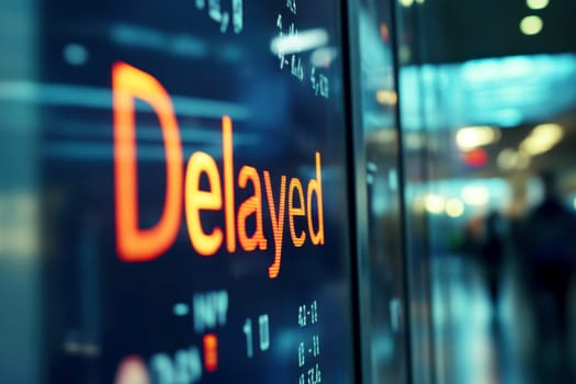 An airport departure board displays multiple flights labeled as Delayed, indicating widespread disruptions, possibly due to an airline strike or technical problems with the aircraft. High quality illustration