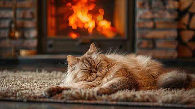 Long-haired persian cat lounging on a plush rug by a roaring fireplace. the warm, ambient light creates a cozy atmosphere, perfect for capturing the essence of a peaceful winter evening.
