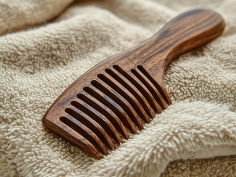 This wooden comb is placed on a plush towel, highlighting a serene bathroom environment, ideal for personal grooming routines.
