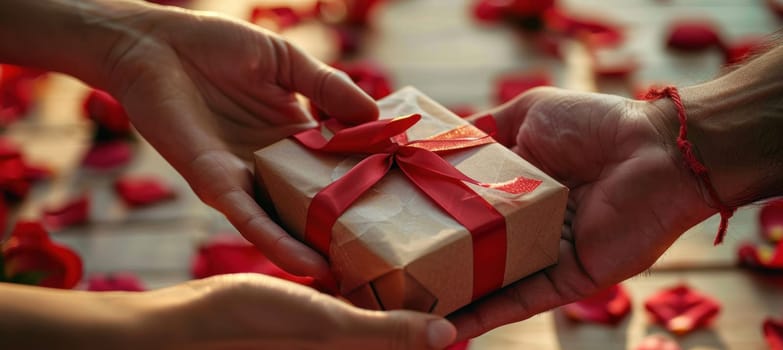 Hands engage in the exchange of a beautifully wrapped gift with a red ribbon, set amidst rose petals. capturing themes of love and celebration, this image is ideal for use in romantic marketing and gift campaigns.