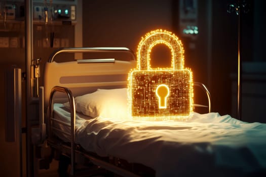 Digital lock over hospital bed symbolizing healthcare data security. Data privacy for patients..