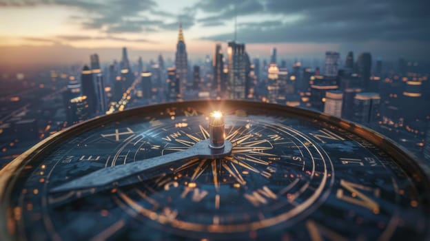 A large compass with a glowing needle hovers above a city skyline, symbolizing leadership guiding a city's growth. the photorealistic scene conveys direction, ambition, and strategic vision in a dramatic urban setting.