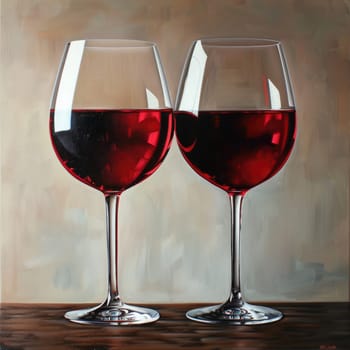 Two beautifully crafted red wine glasses stand side by side, each filled with deep red wine, resting on a smooth wooden surface with a warm, neutral backdrop.