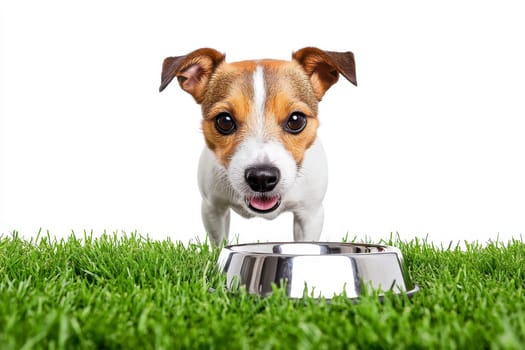 Jack Russell terrier dog sitting by empty metal food bowl on isolated white background..