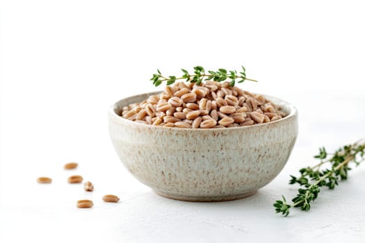 Organic farro grains and a sprig of thyme isolated background..