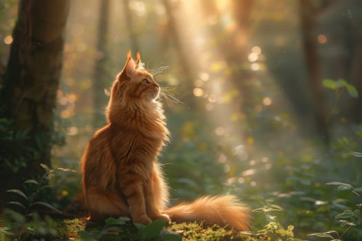Majestic maine coon cat basks in a sunlit forest clearing, surrounded by lush greenery and dappled light. ideal backdrop for outdoor pet product promotion, capturing the essence of nature and elegance.