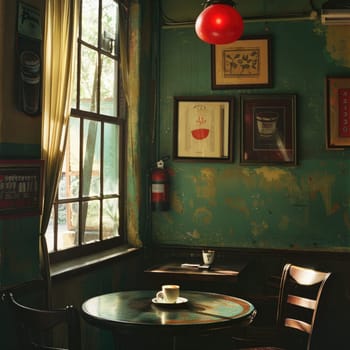 A small, warm café features a round table with a coffee cup, adorned with vibrant art and a single red light. Sunlight filters through the window, creating a welcoming atmosphere.