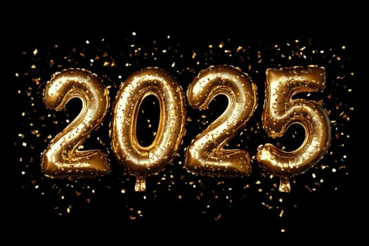 Happy new year. 2025 text new year gold foil balloon decoration..