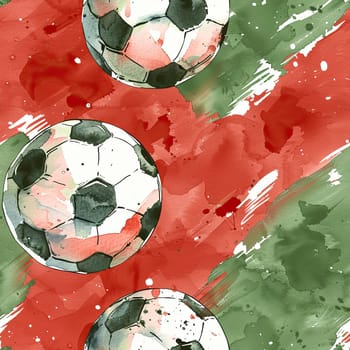 A vibrant watercolor work features several soccer balls floating over a dynamic red and green backdrop.