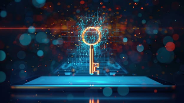 Futuristic key hovering above a digital tablet, symbolizing the role of knowledge in unlocking digital transformation. photorealistic with glowing effects, emphasizing technology's impact on data flow and innovation.