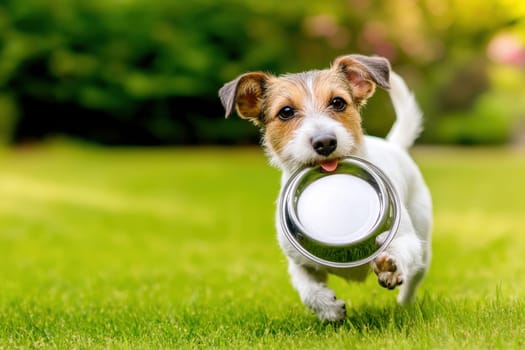 Jack Russell terrier dog sitting by empty metal food bowl on grass field background..