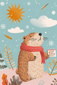 Cheerful groundhog day card features a cartoon groundhog holding a weather forecast sign amid falling leaves, sun, clouds, and snowflakes. vibrant colors and playful design complement space for personalized messages.