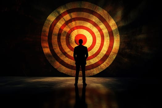 Man looking towards target with dart radiant light. High quality illustration