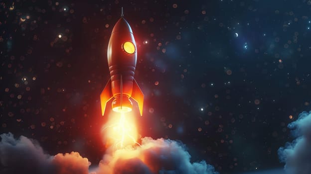 A rocket launches into space, its nosecone replaced by a glowing light bulb, symbolizing the fusion of innovation and exploration. vivid colors and sharp, photorealistic details capture the concept of ideas taking shape.