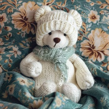 A charming knitted bear dressed in a cozy hat and scarf sits comfortably amidst a floral patterned fabric, radiating warmth and comfort in the cozy ambiance.
