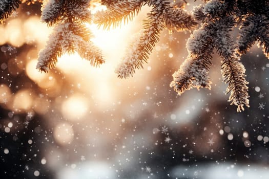 A snowy winter background with snowflakes and pine branches, creating an atmosphere of Christmas and New Year celebration..