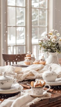A dining table set for a groundhog day brunch features groundhog-themed cupcakes, elegant floral centerpieces, and cozy winter decor. snow gently falls outside the large windows, creating a serene winter ambiance.
