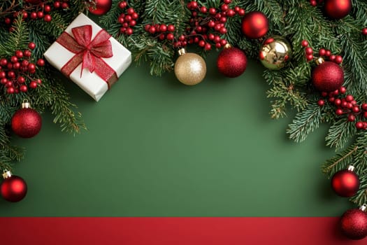 Christmas border composition with gift box , fir branches and red and gold christmas balls on a red background with copy space.