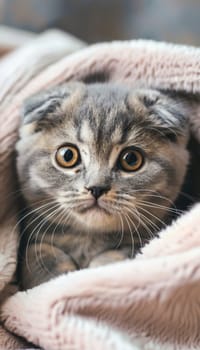 Scottish fold kitten with round face and folded ears nestled in a soft pastel blanket. its big, expressive eyes enhance its cuddly, endearing charm, making it ideal for pet-related designs and photography.