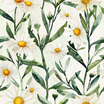 This artwork features an array of delicate white daisies blooming alongside vibrant green leaves, all set against a soft, light backdrop that enhances their beauty.