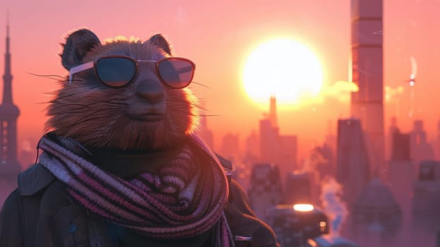 A digitally animated groundhog with sunglasses and a scarf stands confidently against a futuristic city skyline, illuminated by a rising sun. ideal for tech and animation-themed designs and projects.