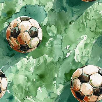 Soccer balls scattered across a vibrant green backdrop, enhanced by watercolor brushstrokes and textures.