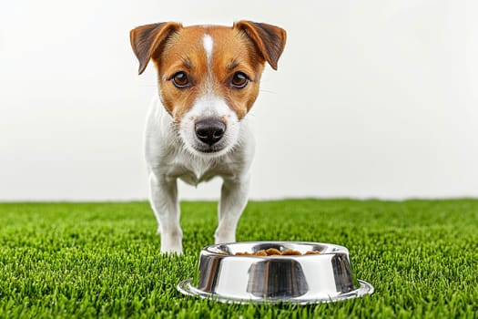 Jack Russell terrier dog sitting by empty metal food bowl on isolated white background..