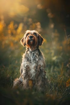 Petit basset griffon vendéen sits joyfully in a sunlit grassy field, showcasing its textured coat and spirited demeanor, enhanced by the warm golden light, perfect for nature-themed prints and pet enthusiast designs.