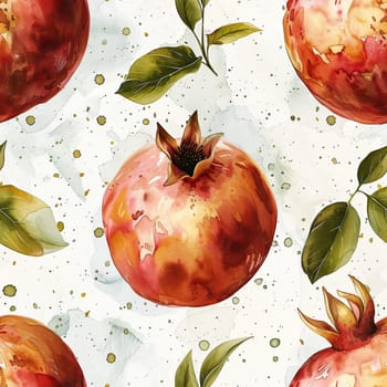 This artwork showcases a vibrant arrangement of pomegranates with rich colors and leafy accents against a soft backdrop.
