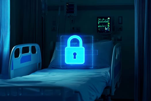 Digital lock over hospital bed symbolizing healthcare data security. Data privacy for patients..