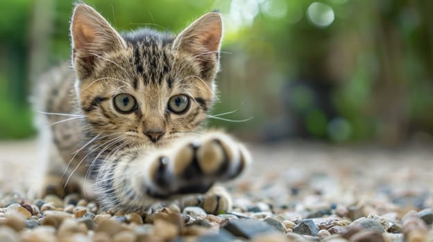 A playful kitten stretches its paw towards the camera, capturing a moment of interaction. the curious expression and blurred background create a charming scene ideal for cards, posters, or print designs.