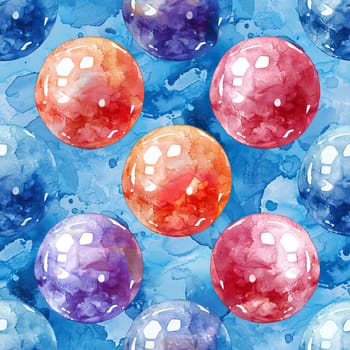 Vibrant spheres in various colors float on a blue background, showcasing a playful and artistic design with a watercolor effect.