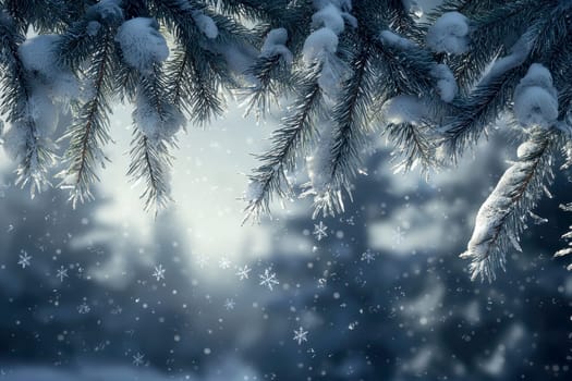 A snowy winter background with snowflakes and pine branches, creating an atmosphere of Christmas and New Year celebration..