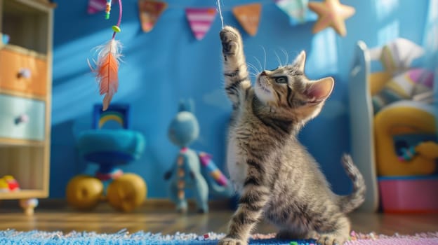Energetic kitten reaches for a feather toy in a vibrant children's room. the bright environment features toys and playful decor, the kitten's lively nature and the cheerful ambiance.
