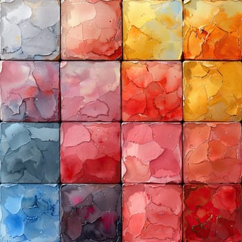 This artwork features a grid of 16 textured squares, each displaying a unique blend of colors ranging from deep reds to soft blues, creating an eye-catching visual effect.