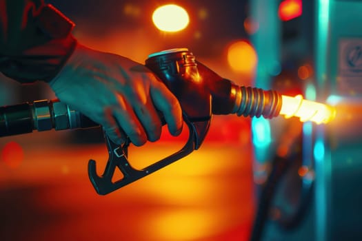 A gripping close-up of a hand on a glowing fuel pump nozzle, symbolizing the drive and energy needed to overcome business challenges. the photorealistic scene features vibrant, soft lighting for dramatic effect.