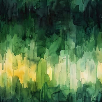 An abstract design features varying shades of green and yellow, creating a calming atmosphere reminiscent of a tranquil landscape.