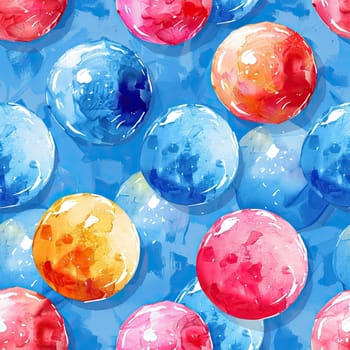 Vibrant bubbles in shades of pink, blue, and orange create a lively pattern against a bright blue backdrop.