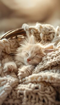 Fluffy white kitten peacefully sleeping in a cozy basket, surrounded by soft blankets and warm natural light. ideal for pet-themed designs, creating a calm and tranquil ambiance perfect for relaxation.