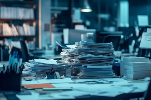 a desk looking overwhemed with piles of papers on desk in office background..