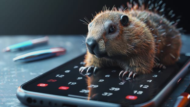 A whimsical 3d render depicting a groundhog emerging from a digital calendar on a smartphone. this modern, creative design symbolizes groundhog day in the digital era, perfect for technology-related themes or app visuals.