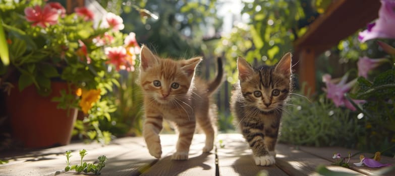 Two kittens joyfully chase each other on a wooden deck in a sunlit garden, surrounded by colorful flowers and lush greenery, creating a lively and vibrant outdoor scene perfect for capturing the essence of playful innocence.