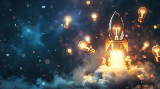 A conceptual image of a rocket crafted from luminous light bulbs soaring into the starry sky, symbolizing the launch of innovative ideas in the business world. the photorealistic design blends creativity with technological advancement.