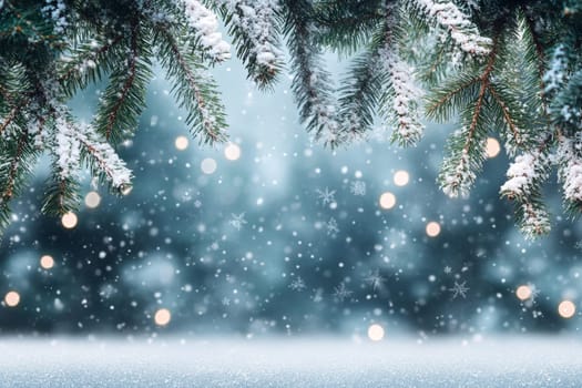 A snowy winter background with snowflakes and pine branches, creating an atmosphere of Christmas and New Year celebration..