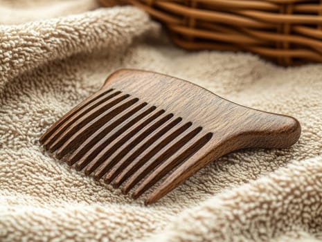 A beautifully crafted wooden comb lies on a plush beige towel, with a wicker basket nearby, creating a tranquil atmosphere in a bathroom environment.