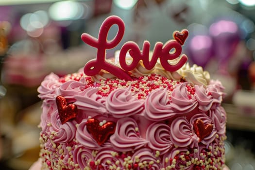 Close-up of a beautifully decorated valentine's day cake topped with pink and red frosting, heart-shaped sprinkles, and a love-themed topper. ideal for promoting bakery specials or seasonal valentine's desserts.