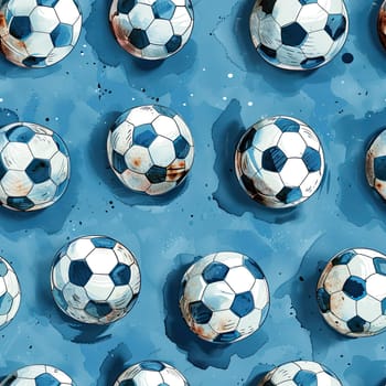 A collection of soccer balls displayed in a uniform arrangement on a textured blue surface, creating a vibrant, playful design.